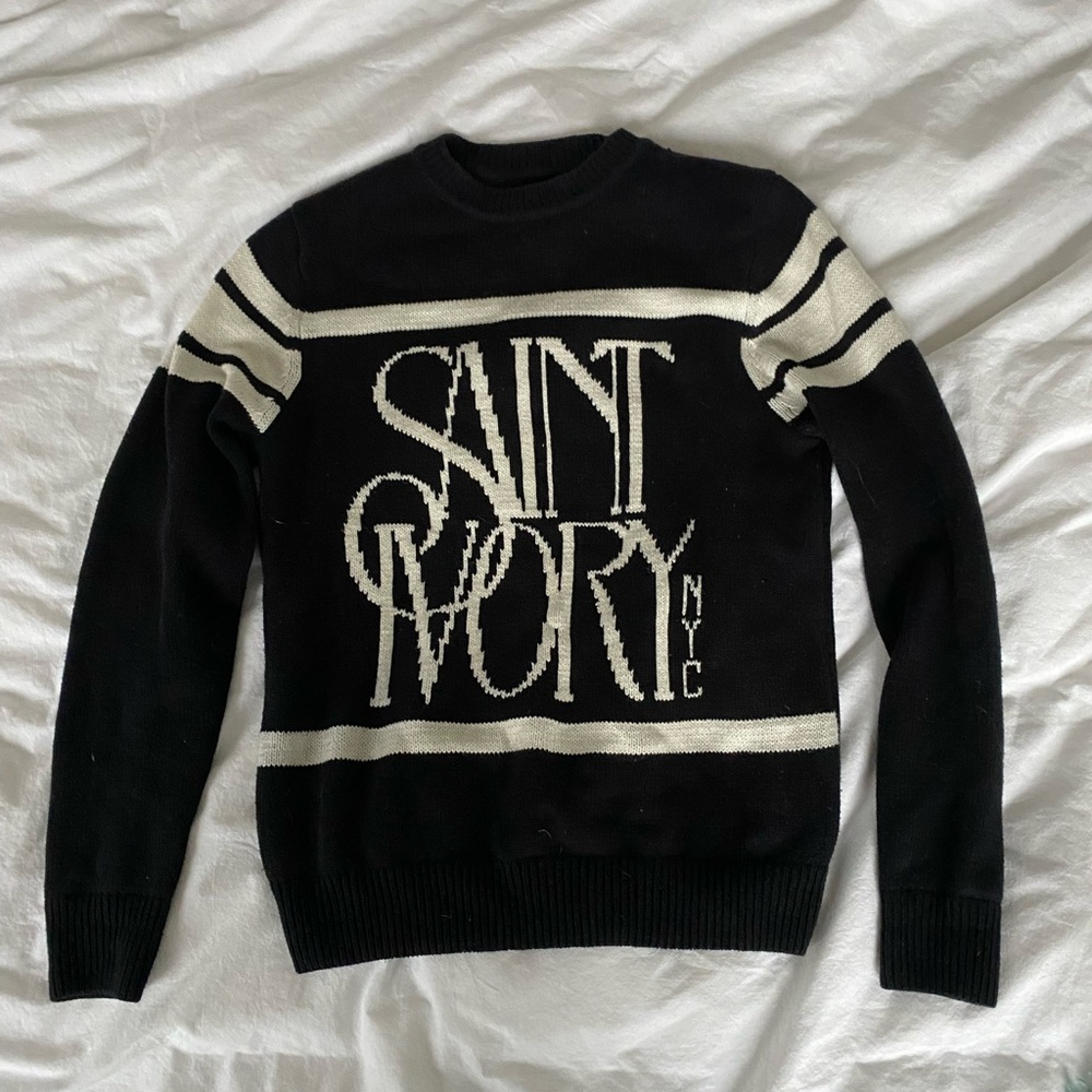 SAINT IVORY NYC black script logo intarsia knit sweater
